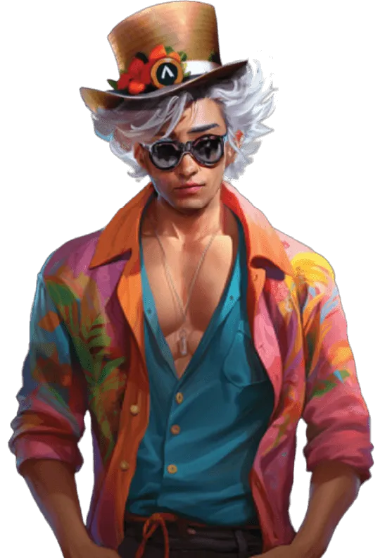 3D male character with top hat and sunglasses dressed in turqoise inner shirt overlaid with  orange shirt