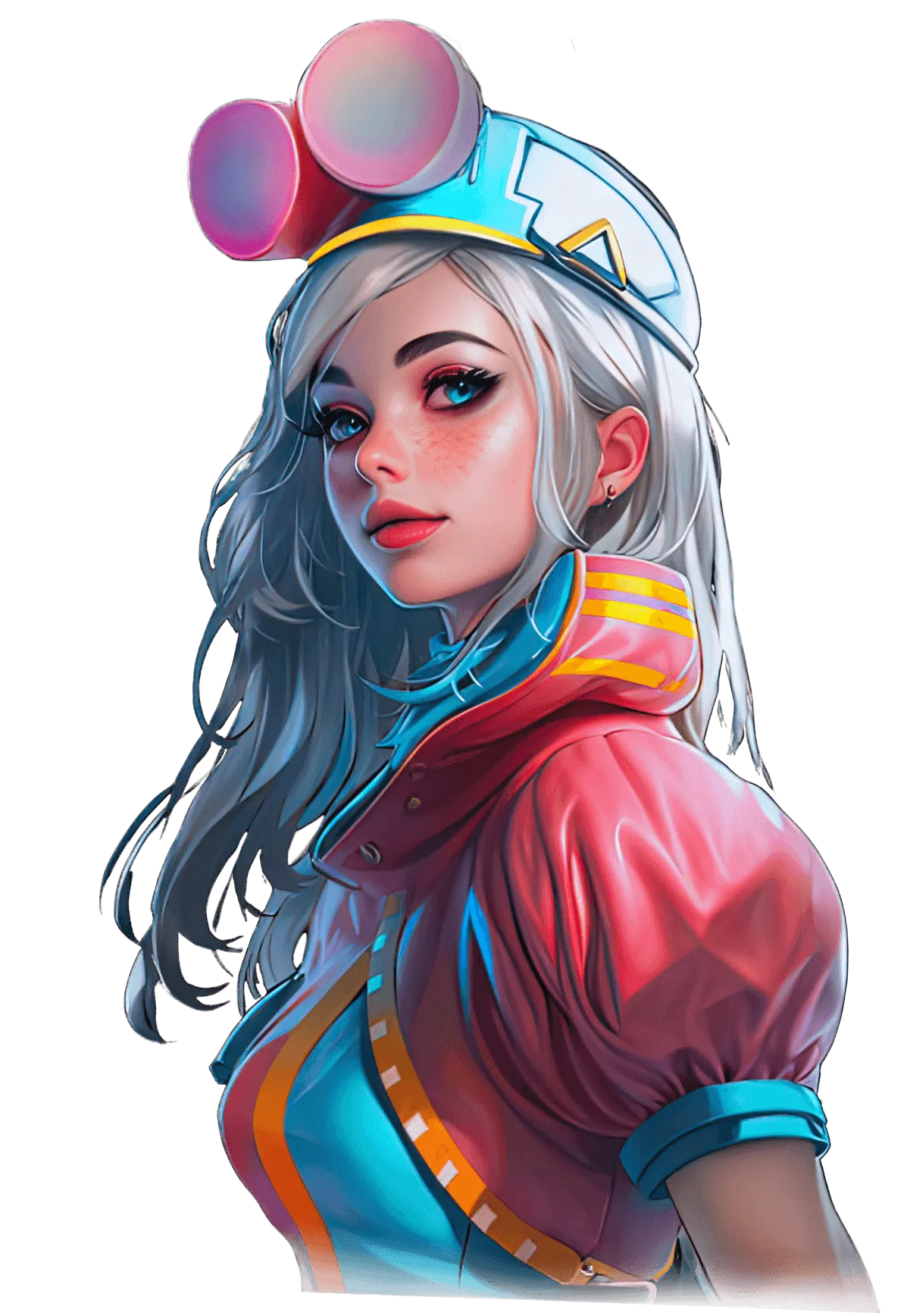 3D female character with sharp features wearing racer-type jackets and a set of futuristic looking racer goggles on her head