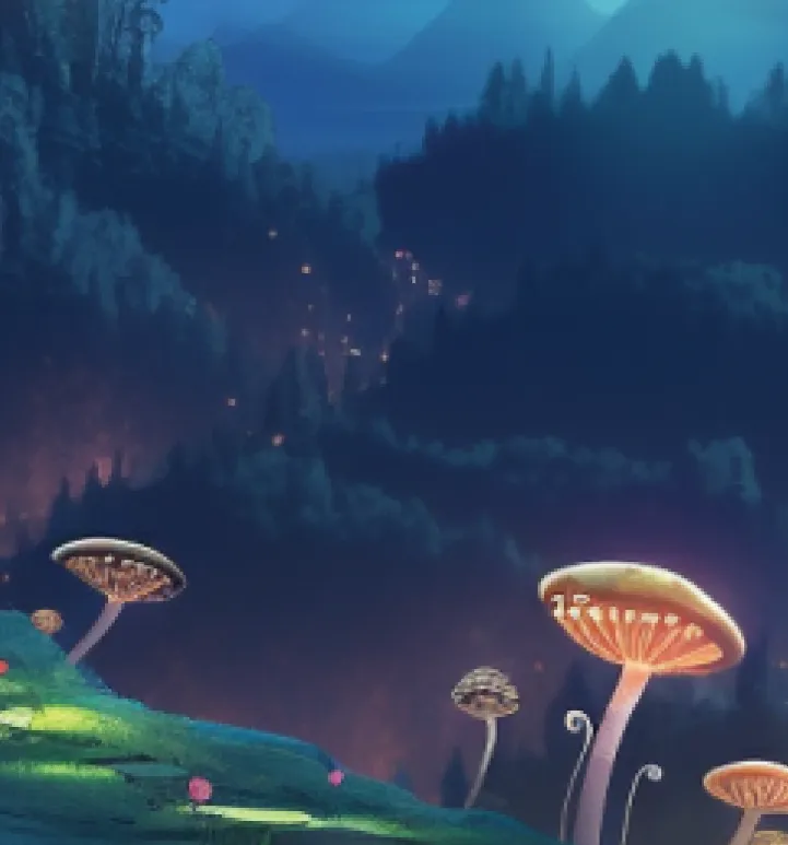 Computer generated field with mountain in the background and giant mushrooms in the foreground