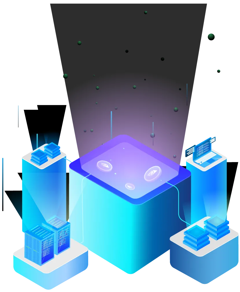 3D rendered computer storage connected to glowing main box